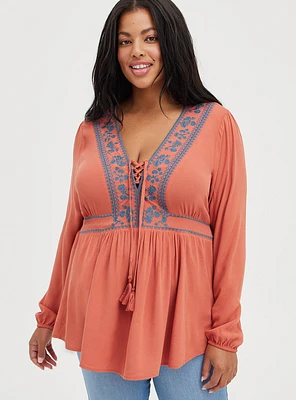 Babydoll Rayon Crepe Embroidered Lace-Up Top