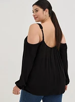 Crinkle Gauze Lace Trim Cold Shoulder Top