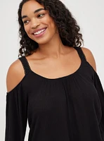 Crinkle Gauze Lace Trim Cold Shoulder Top