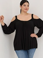 Crinkle Gauze Lace Trim Cold Shoulder Top