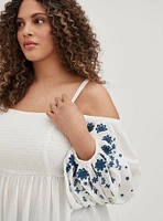 Gauze Embroidered Smocked Cold Shoulder