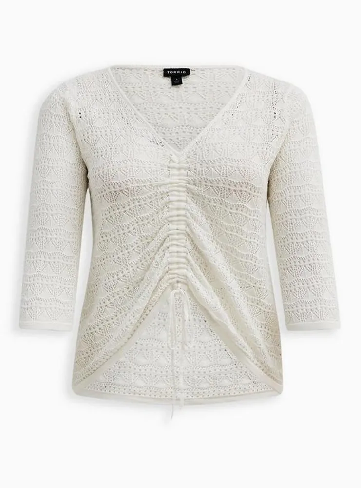 Open Stitch Pullover V-Neck Cinched Front Sweater