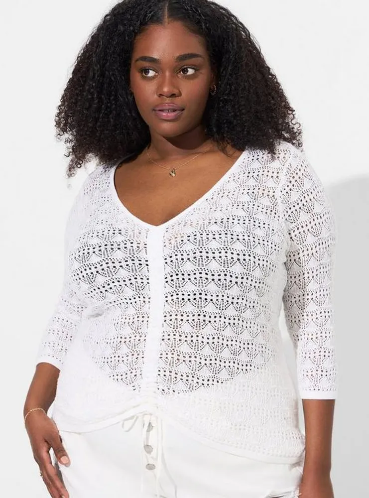 Open Stitch Pullover V-Neck Cinched Front Sweater