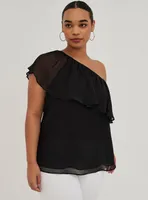 One-Shoulder Ruffle Blouse - Crinkle Chiffon & Lurex Black