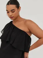 One-Shoulder Ruffle Blouse - Crinkle Chiffon & Lurex Black