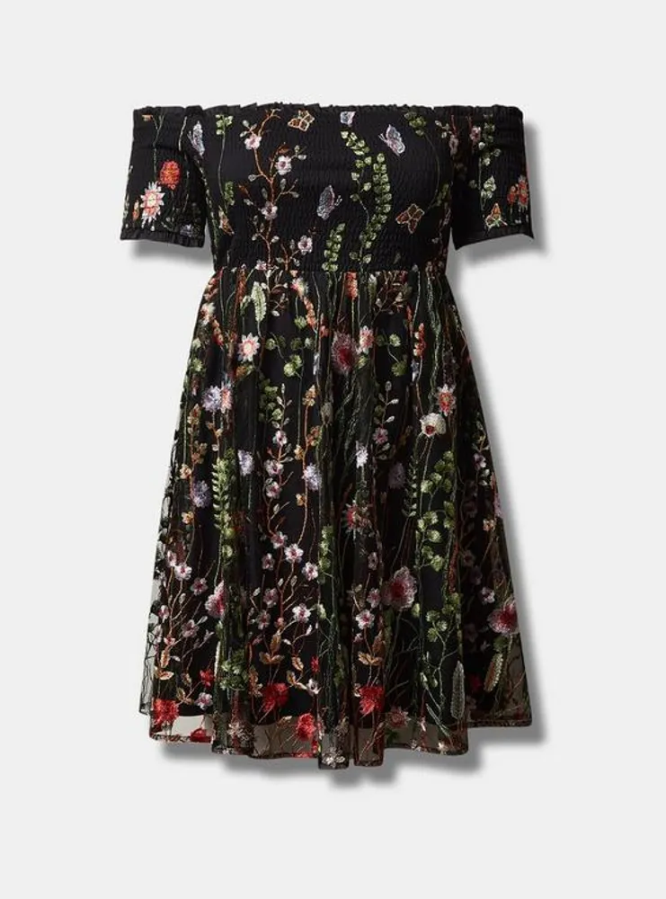 Torrid Black Floral Smocked Off the Shoulder Maxi Dress Women's