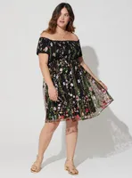 Smocked Bodice Off Shoulder Skater Dress - Black Lace