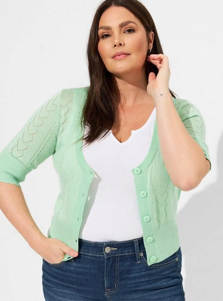 Pointelle Cardigan Short Sleeve Cropped Sweater