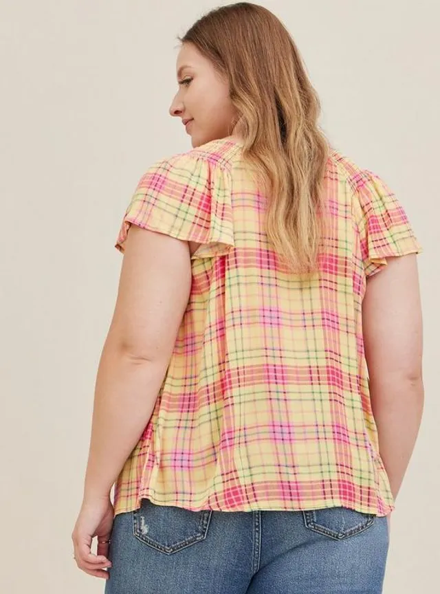 TORRID Smocked Crew Neck Blouse - Crinkle Gauze Plaid Yellow