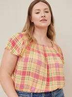 Smocked Crew Neck Blouse - Crinkle Gauze Plaid Yellow