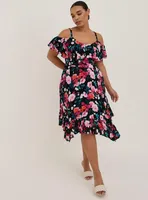 Hanky Hem Ruffle Skater Midi Dress - Gauze Floral Black