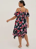 Hanky Hem Ruffle Skater Midi Dress - Gauze Floral Black