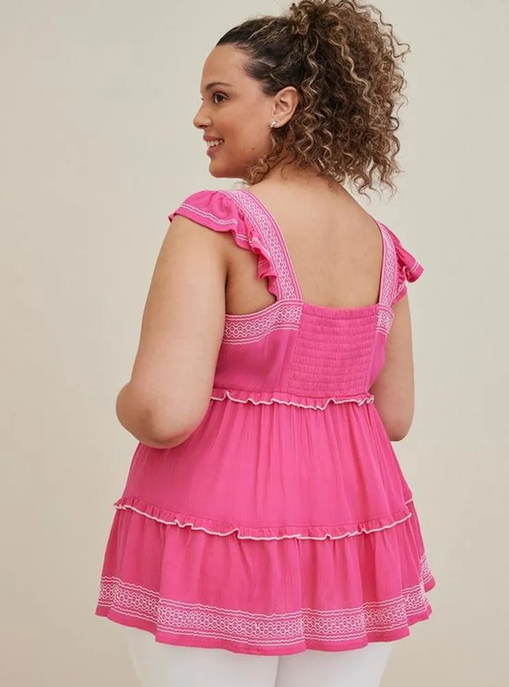Babydoll Crinkle Gauze Embroidered Tiered Top
