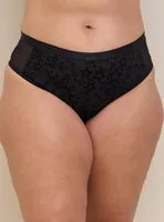 Mesh and Flocking Mid Rise Thong Panty
