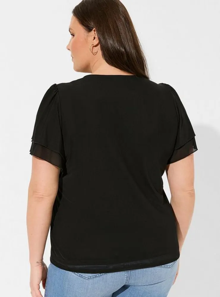 Stretch Mesh And Challis Crew Neck Double Flutter Sleeve Top