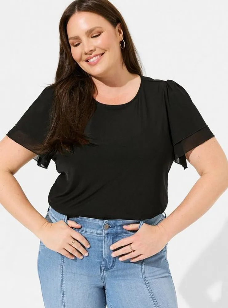 Stretch Mesh And Challis Crew Neck Double Flutter Sleeve Top