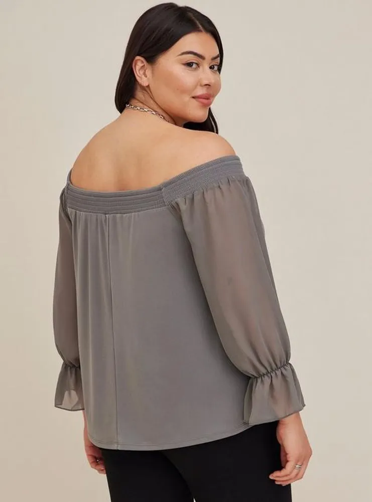 Studio Knit Off-Shoulder Smocked With Chiffon Sleeves Swing Top