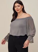 Studio Knit Off-Shoulder Smocked With Chiffon Sleeves Swing Top