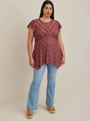 Babydoll Lace Crew Neck Sharkbite Hem Top