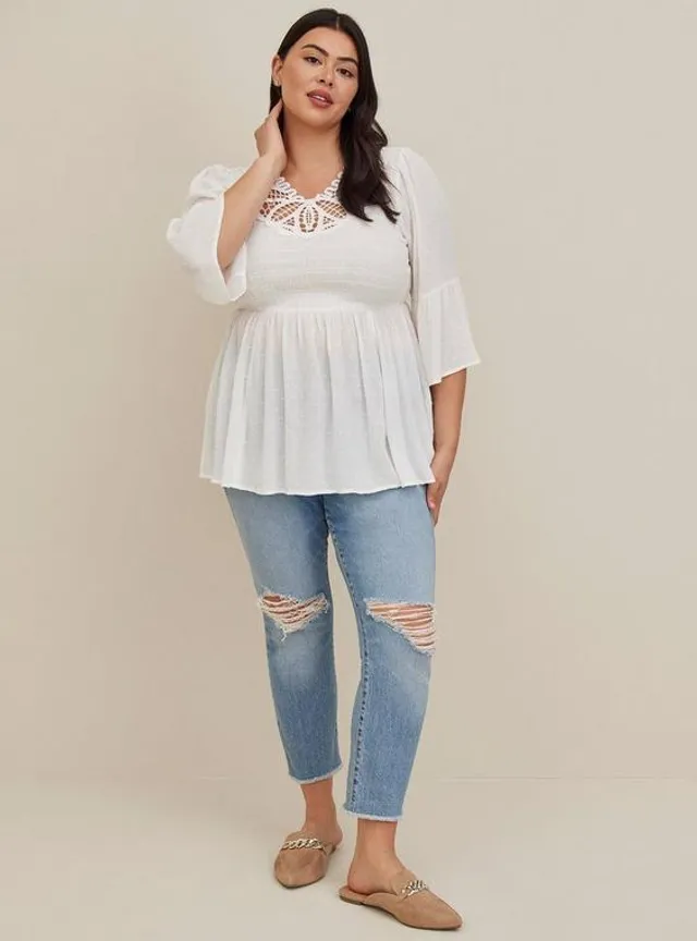 Plus Size - Babydoll Gauze Crochet Trim Lace-Up Top - Torrid