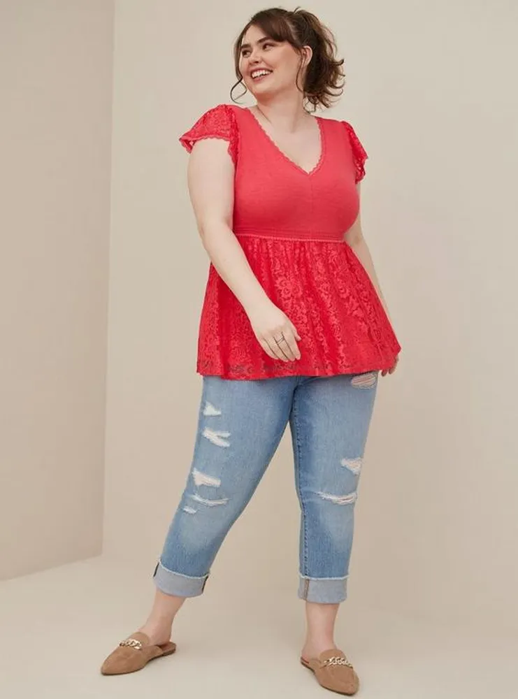 Plus Size - Stretch Mesh V-Neck Smocked Waist Babydoll Top - Torrid