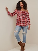 Babydoll Crinkle Gauze Smocked Cold Shoulder Top