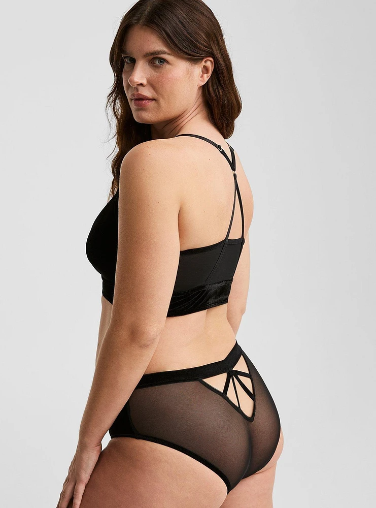 Velour And Mesh Hipster Panty With Cage Back