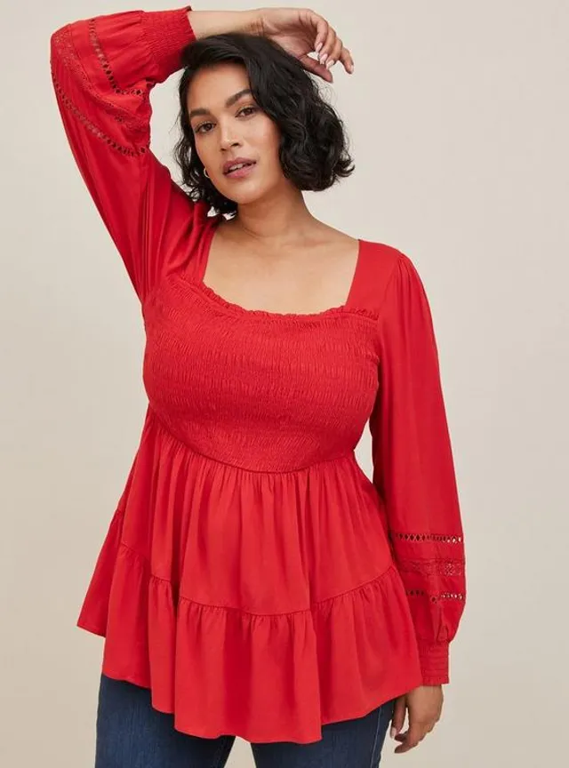 TORRID Babydoll Rayon Slub With Lace Inset Smocked Tiered Top