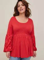 Cotton Modal Slub Scoop Neck Eyelet Sleeve Inset Babydoll Top