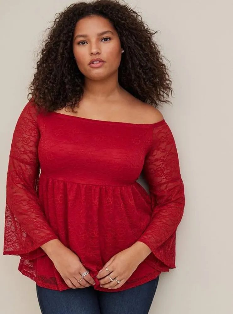 Stretch Lace Off-Shoulder Bell Sleeve Babydoll Top