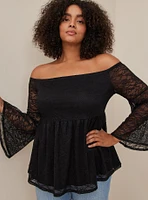 Stretch Lace Off-Shoulder Bell Sleeve Babydoll Top