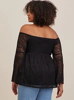 Stretch Lace Off-Shoulder Bell Sleeve Babydoll Top