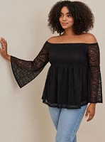 Stretch Lace Off-Shoulder Bell Sleeve Babydoll Top