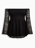 Stretch Lace Off-Shoulder Bell Sleeve Babydoll Top