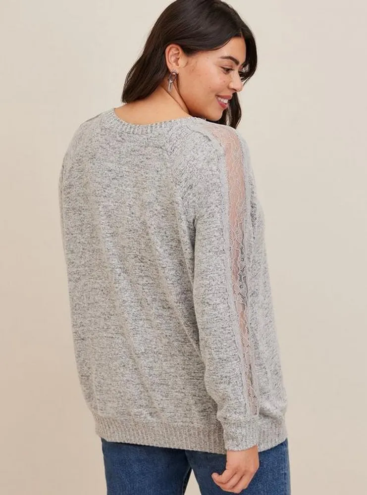 Super Soft Plush V-Neck Lace Pieced Sleeve Raglan Sweatshirt