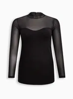 Stretch Mesh And Foxy Mock Neck Long Sleeve Top