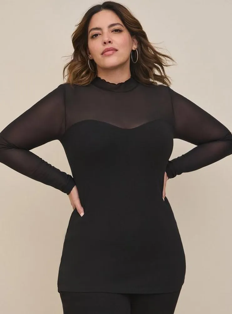 Stretch Mesh And Foxy Mock Neck Long Sleeve Top