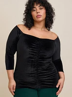Stretch Velvet Shirred Front Off The Shoulder Top