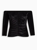 Stretch Velvet Shirred Front Off The Shoulder Top
