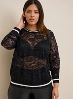 Stretch Lace Rib Trim Crew Neck Raglan Sweatshirt