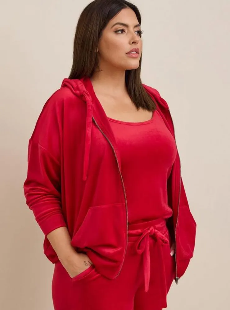 Velour Zip Front Long Sleeve Relaxed Lounge Hoodie