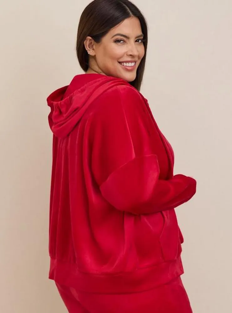 Velour Zip Front Long Sleeve Relaxed Lounge Hoodie