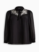 Chiffon Velvet Trim Bow Tie Blouse