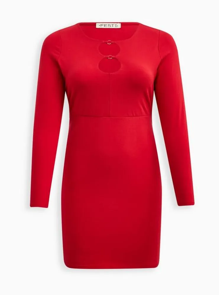 Festi Long Sleeve Mini Bodycon Dress - O-Ring Red