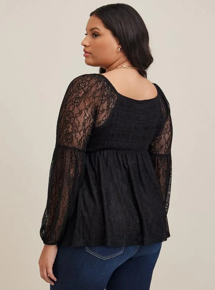 TORRID Babydoll Stretch Lace Smocked Bodice Square Neck Top