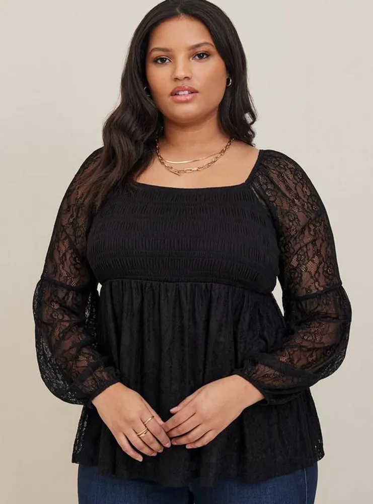 TORRID Babydoll Stretch Lace Smocked Bodice Square Neck Top