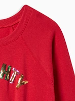 Naughty & Nice Classic Fit Cozy Fleece Crew Sequin Sweater