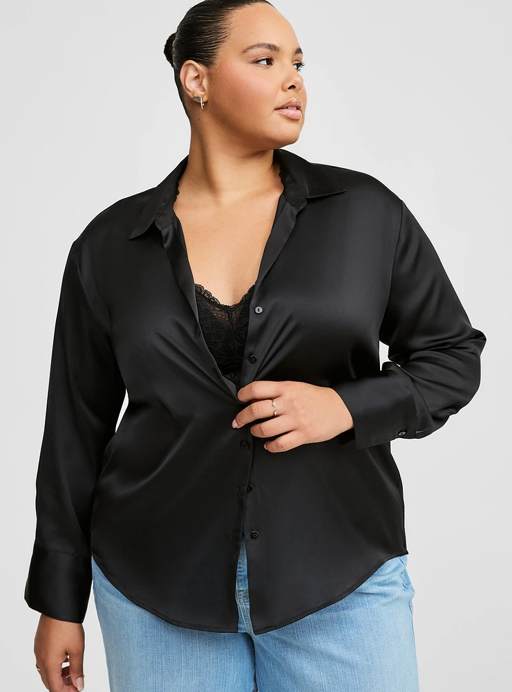 Satin Button Up Long Sleeve Shirt