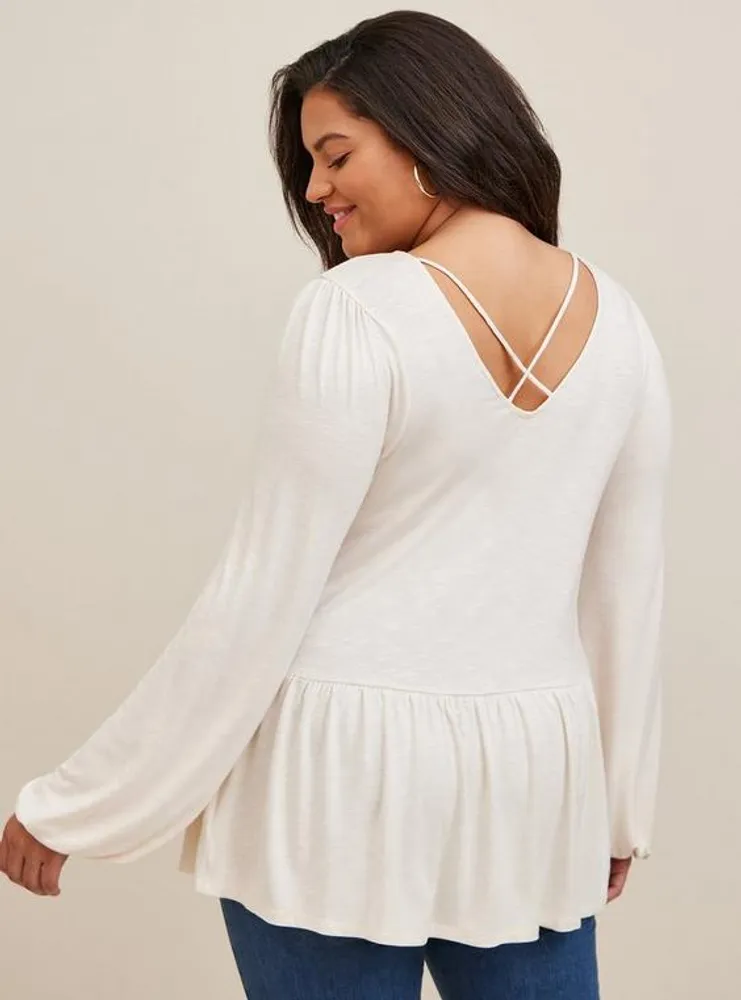 Babydoll V-Neck Embroidered Long Sleeve Top