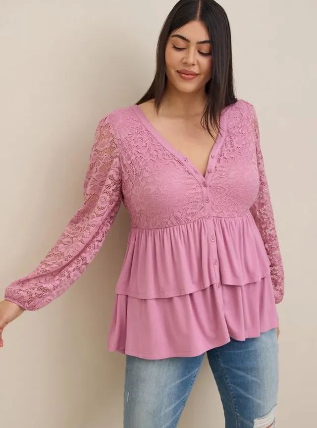 Torrid 3 Babydoll Top Womens Plus Size 3X Shirt Tiered Soft Pink Stretch